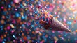 Hand-drawn party horn with layers of confetti falling, 4k, ultra hd