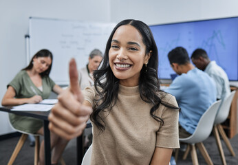 Canvas Print - Portrait, woman and meeting with thumbs up in conference room, graphs and sales for strategy discussion. Face, intern and accountant team for financial reports, stats or data analysis in boardroom