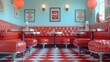 Retro 50s diner party setup with checkered floor, jukebox, and vintage soda fountain for a nostalgic and fun celebration on white background, 4k, ultra hd