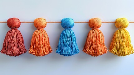 Wall Mural - Tassel garland in bright colors hanging against a white backdrop, 4k, ultra hd