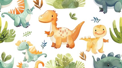 Poster - Cartoon dinosaurs roaming in the jungle. Suitable for children's books or educational materials