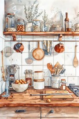 Wall Mural - A kitchen counter with various pots and pans. Ideal for culinary themes