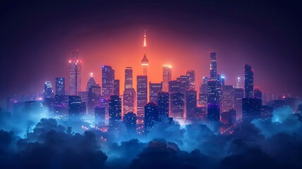 Wall Mural - Conceptual illustration of futuristic smart city on blue background, featuring skyscrapers at night in the clouds.