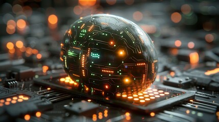 Fototapete - Abstract 3D Easter egg with circuit board texture on a greeting card. Glowing digital modern illustration.