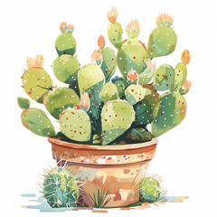 Poster - A potted cactus plant with yellow flowers sits in a brown pot. The plant is surrounded by a white background, and the image has a serene and calming mood