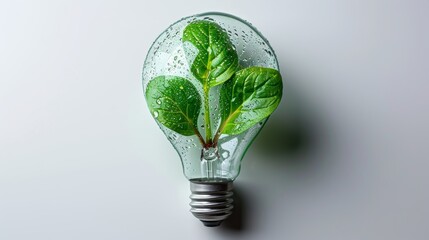 Wall Mural - Creating an energy efficient eco lamp, made with green leaves and sprouts, isolated on white background. LED lamp with green leaf. Think Green. Ecological concept. Environmentally friendly planet.