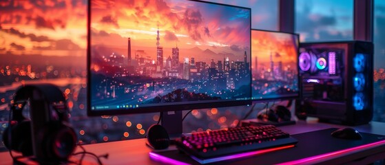 Fototapete - Dedicated gaming computer or gaming rig running computer game. Neon light on table in gamer's room. Gaming PC on desk. Online game interface on screen PC.