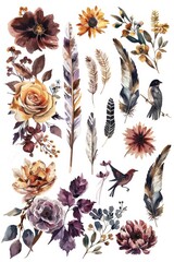 Wall Mural - Beautiful watercolor illustration of various flowers and birds. Ideal for greeting cards and stationery