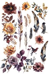 Sticker - Beautiful watercolor illustration of various flowers and birds. Ideal for greeting cards and stationery