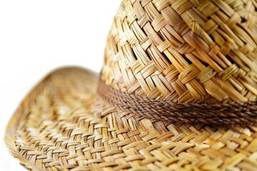 Poster - Close-up view of a straw hat on a white surface. Perfect for summer fashion concepts