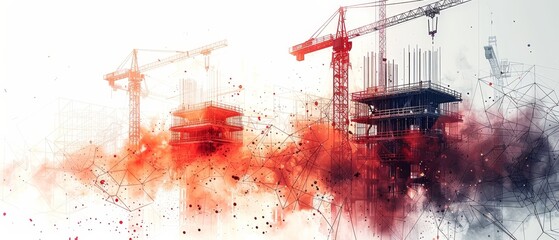 Poster - An illustration of a crane construction site with a lot of tower cranes. Low Poly wireframe digital  illustration with polygons, lines, particles, and dots. Horizontal banner template.