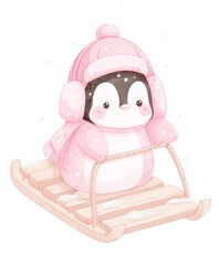 Wall Mural - cute penguin sledding. little funny penguin in a winter hat and scarf. watercolor art illustration