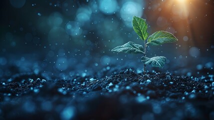 Aufkleber - A growing plant in soil with planet Earth. Blue geometric background. Wireframe lighting connection structure. Abstract 3D graphic concept. Isolated  illustration.