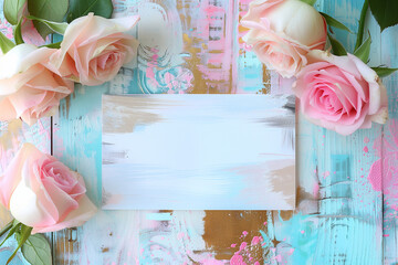 Wall Mural - Blossoming Creativity - Pale Roses on Painted Canvas with Central Copy Space for Artistic Expression and Wedding Stationery Designs