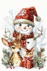 Poster - A snowman and a deer standing in the snow. Suitable for winter-themed designs