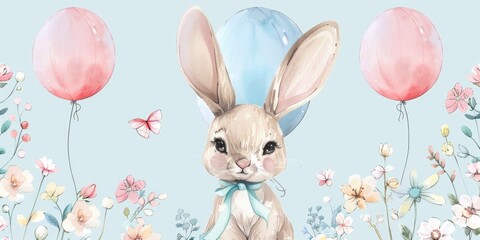 Sticker - Adorable bunny holding colorful balloons, perfect for children's illustrations or greeting cards