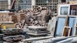 © eruppee - urban mining zero waste, sorted piles of construction materials windows bricks steel concrete, material recycling, reuse architecture, city sustainability, life cycle