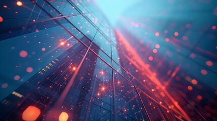Poster - Polygons, lines, particles, and connected dots depicting an abstract digital low angle view of skyscrapers in a city. Business buildings isolated on white background. 3D Technology concept.