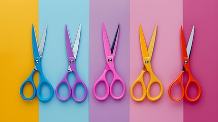 Minimal flat lay concept of colourful scissors on the colorful background