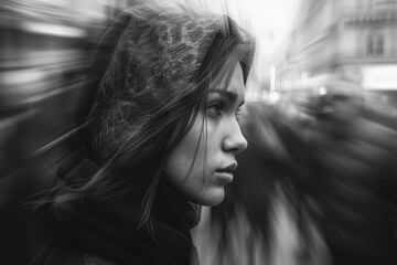 Wall Mural - A woman with a black hoodie and scarf is looking at the camera. The image is blurry and has a sense of motion, giving it a dynamic and energetic feel