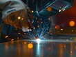 A man is welding metal with a red and black tool. The sparks from the welding are bright and intense, creating a sense of danger and excitement. Concept of hard work and skill