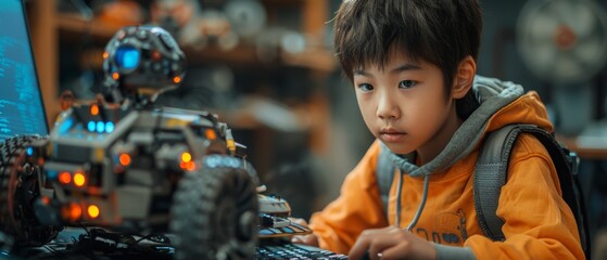 Leinwandbilder - An Asian teenage student constructs a robot arm and a robotic car using computers and coding. It is part of a STEM education project using robotics technology and coding.