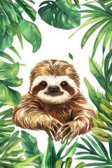 Poster - A sloth peacefully resting in a lush green jungle. Perfect for nature and wildlife themes