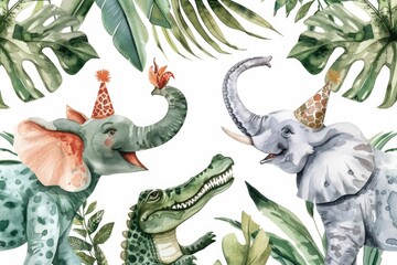 Poster - A group of elephants and alligators in a jungle. Suitable for nature and wildlife concepts