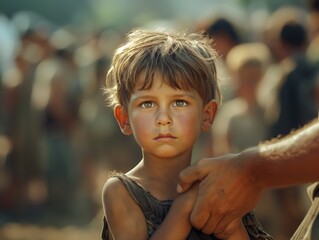 Sticker - A young boy with a dirty face and a hand on his shoulder. The boy is looking at the camera with a serious expression