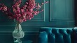 Luxurious Teal Velvet Sofa Adorned with a Lush Bouquet of Pink Blossoms in a Cozy,Elegant Room
