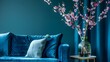 Plush Blue Velvet Couch with Floral Arrangement in Elegant Living Room Interior