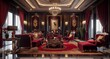 Hollywood Regency inspired 3D interior with Ruby-colored upholstery and lavish decor