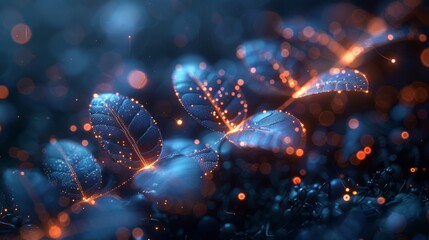 Poster - Biotechnology plant sprouts. Seedling tree leaves with DNA genome engineering vitamin supplement. Abstract illustration isolated on dark blue background. Medical science life eco. Low poly wireframe