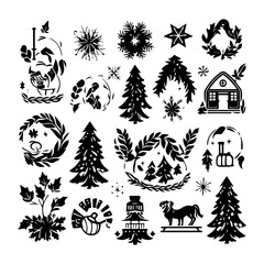 Wall Mural - Black and white silhouette of christmas and elements