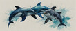 Vibrant Watercolor Illustration of Dolphins Leaping in Aquatic Amity - Close-Up Double Exposure Photo for Construction Concept
