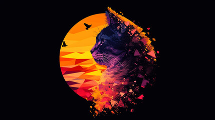 AI Generated A silhouette design of a cat sunset with black background design