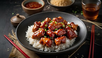 A plate of General Tso chicken, a popular Chinese dish made with crispy chicken, tangy sauce and garnished with sesame seeds with rice.