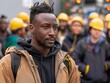 A man with dreadlocks and a black hoodie stands in front of a crowd of people wearing yellow hard hats