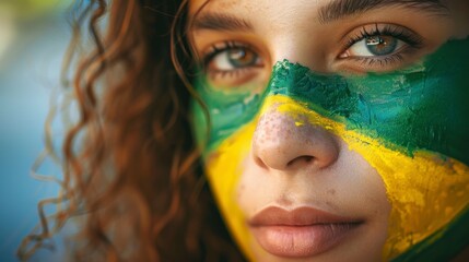 Wall Mural - Portrait of a beautiful woman with her face painted with the flag of Brazil. concept olympic games, world sporting event