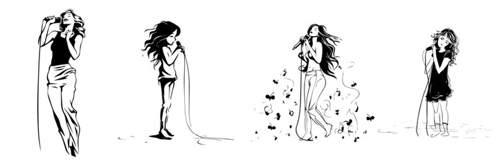 Wall Mural - Black and white sketch of hand drawn singing girls