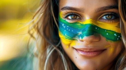 Wall Mural - Portrait of a beautiful woman with her face painted with the flag of Brazil. Olympic Games concept, world sporting event, festival, concert, woman, stadium, painting, artist, Latina, Brazil