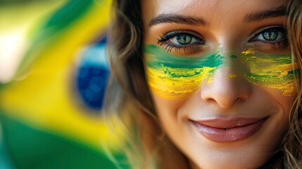 Wall Mural - beautiful woman with face painted with the flag of Brazil