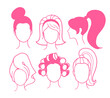 Line art female portraits in pink colors. Minimalistic vector illustrationscollection