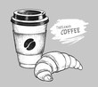 Vintage vector illustration of takeaway disposable Coffee paper cup with Croissant