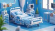 Vector isometric low poly hospital ward. Includes hospital bed, heart rate monitor and other equipment