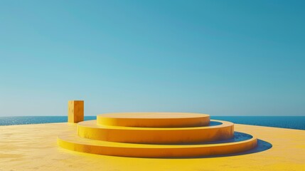 Poster - A yellow podium with a blue sky in the background. The podium is on a beach and the ocean is visible in the background
