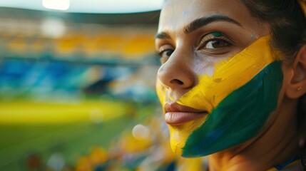 Wall Mural - beautiful woman with face painted with the flag of Brazil in a stadium. Paris 2024 Olympic Games concept, sports event in high resolution