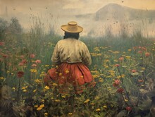 A Woman Is Sitting In A Field Of Flowers. The Woman Is Wearing A Straw Hat And Is Looking Off Into The Distance. The Painting Has A Peaceful