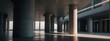 Minimalistic concrete interior with cylindrical columns and subtle lighting.