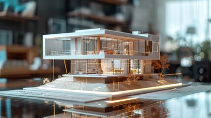 a concept holo 3d render model of a small living house on a table in a real estate agency. signing mortgage contract document and demonstrating. futuristic business. blurry background.